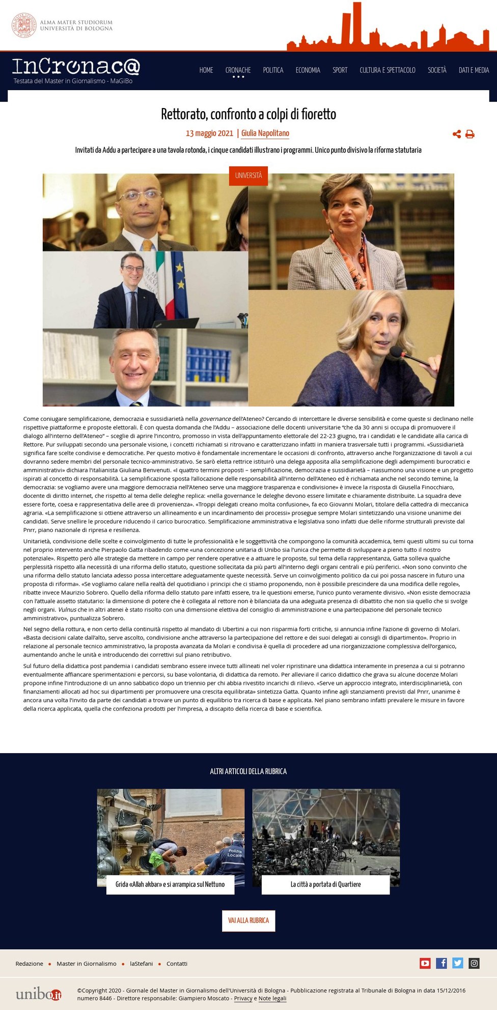Articolo di Giulia Napolitano su Incronac@ del 13 maggio 2021, disponibile al link https://incronaca.unibo.it/archivio/2021/05/13/rettorato-confronto-a-colpi-di-fioretto