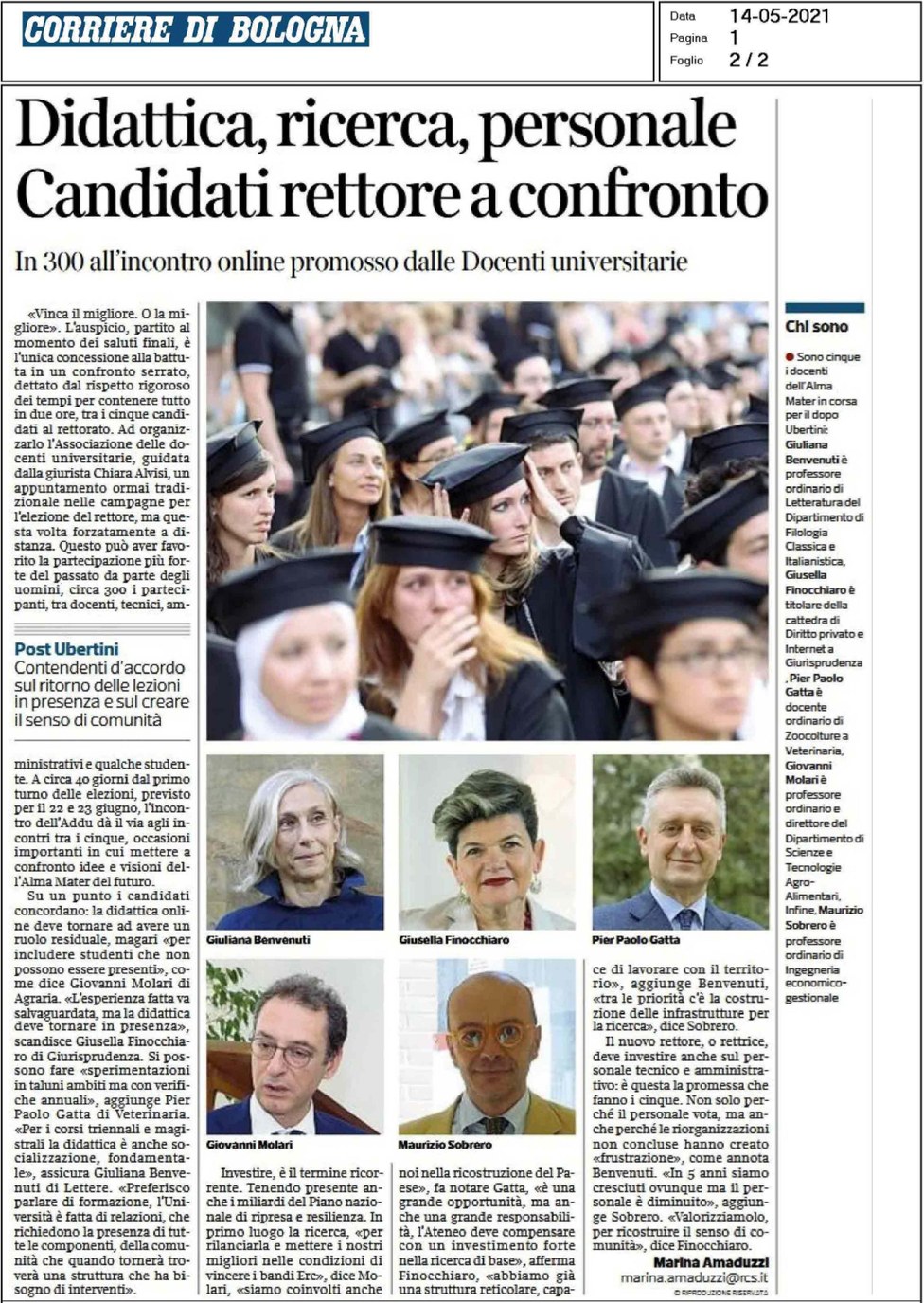 Articolo della giornalista Marina Amaduzzi sul "Corriere di Bologna" del 14 maggio 2021