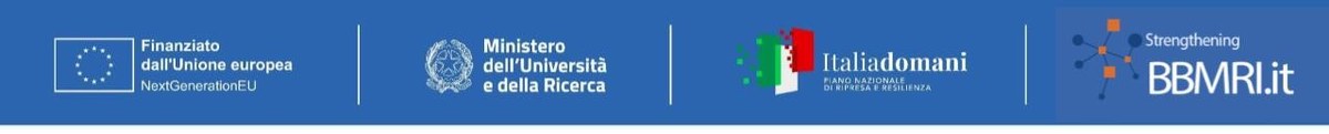 Banda a sfondo azzurro contenente i loghi dei Fondi NextGenerationEU, del Ministero dell'Università e della Ricerca, del Piano Nazionale di Ripresa e Resilienza - Italiadomani e del progetto Strengthening BBMRI.it