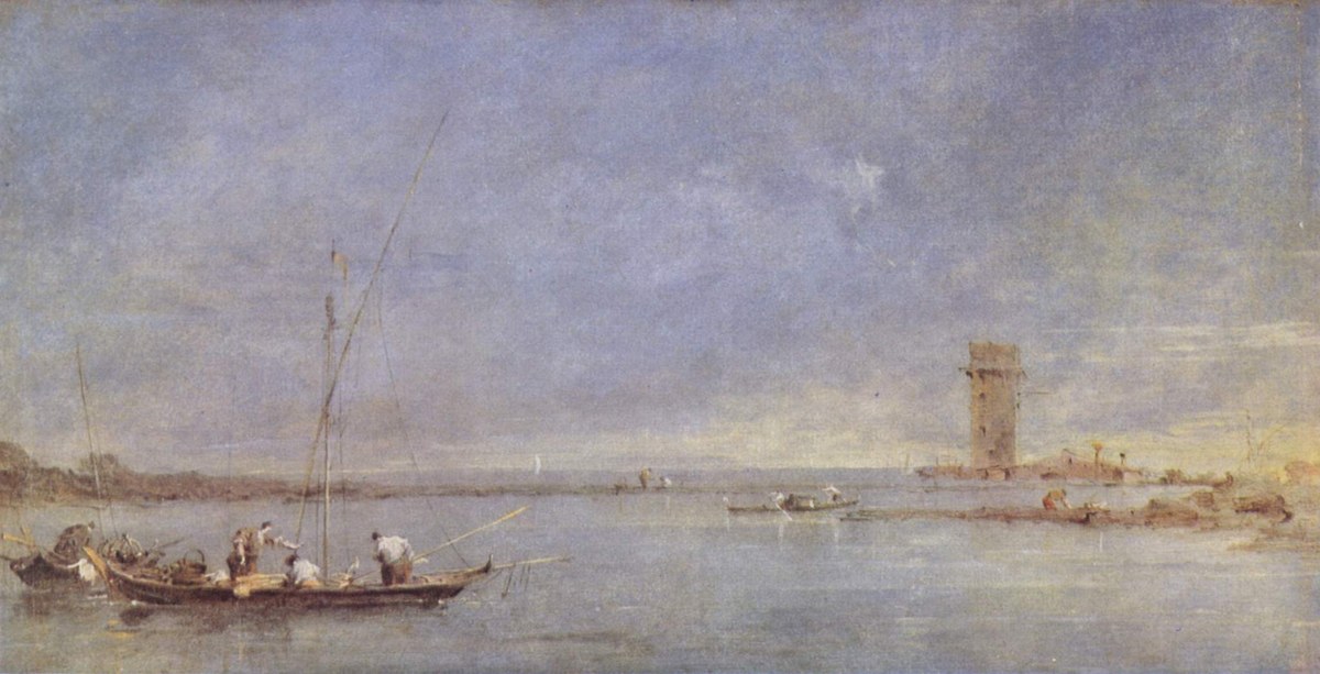 Painting of fishermen in the venetian lagoon, catching fish from two sail boats in the foreground, while the Tower of Maghera is visible in the background.