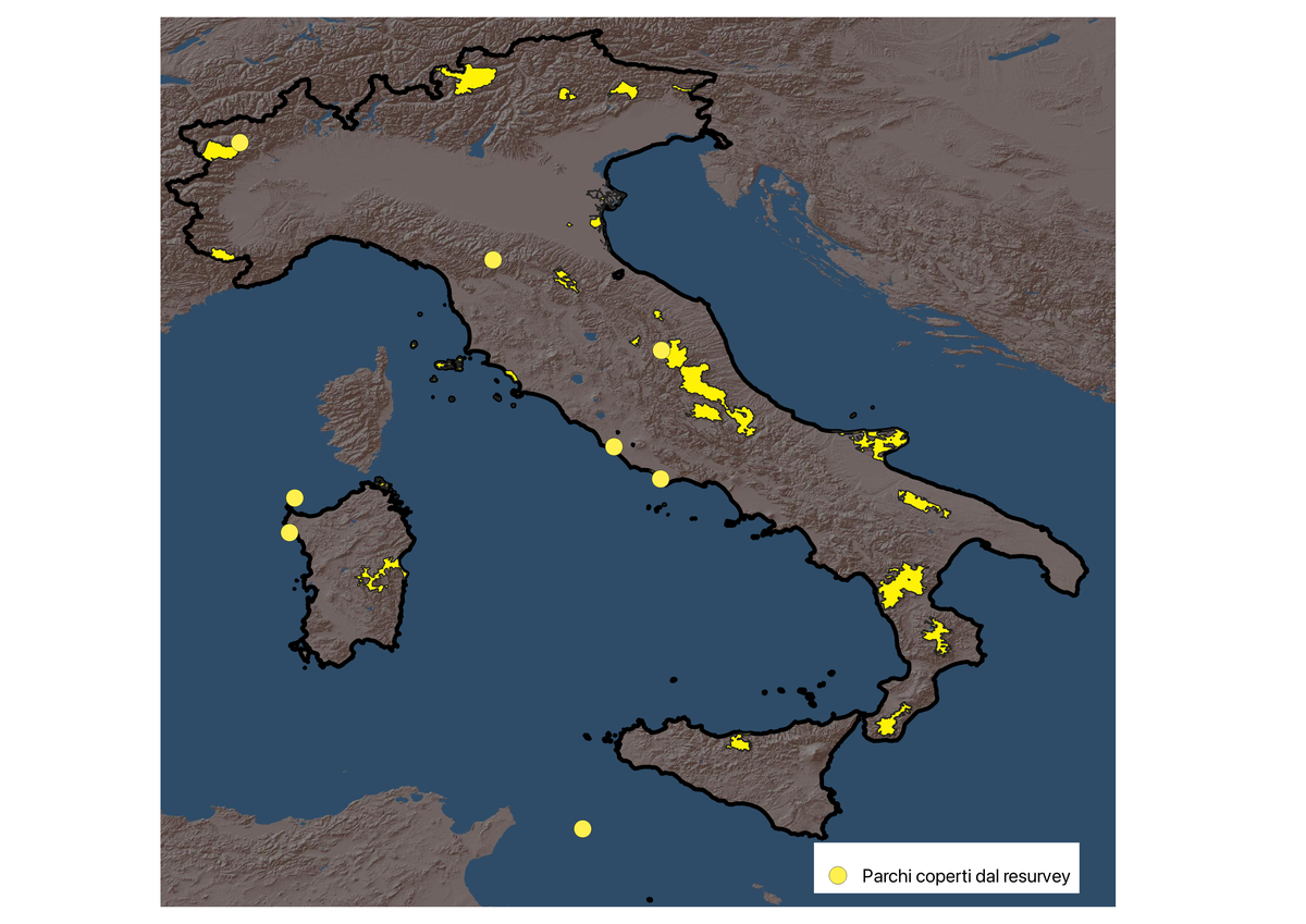 Mappa dell'Italia con evidenziati i parchi per cui abbiamo dati di resurvey oppure per cui abbiamo solo dati da telerilevamento