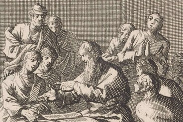Origene e allievi in un'incisione olandese del Seicento