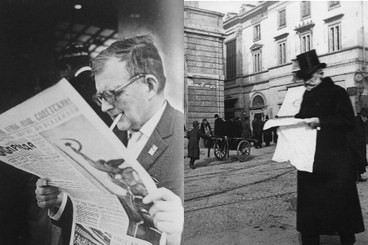D. Shostakovich (left) and G. Verdi (right) reading the news