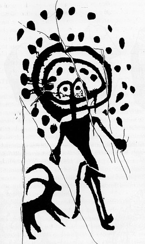 ncisione rupestre di un essere antropomorfo con accanto un quadrupede a corna che forse sta a indicare la sua identità, Tamgali, Kasakstan, Arte dei “Cacciatori Evoluti”.