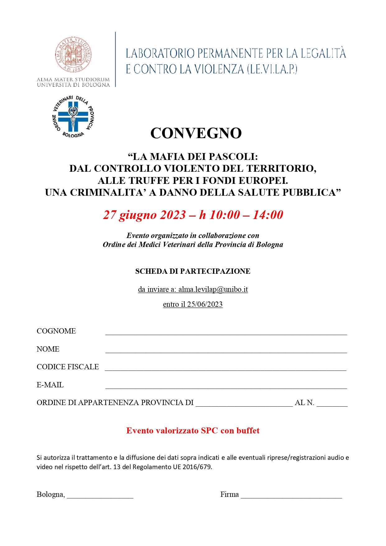 Scheda di partecipazione al convegno per ordine dei Medici veterinari della provincia di Bologna