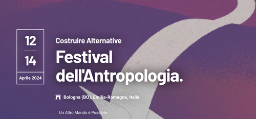 testata festival di antropologia sfondo viola con freccia e titolo: Costruire alternative. Un altro mondo è possibile