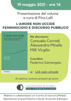 Locandina della presentazione organizzata dall'Osservatorio di ricerca sul femminicidio (con copertina del volume e nomi delle relatrici)