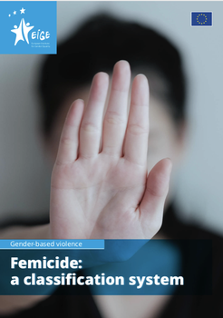 Copertina del report di EIGE, con titolo e immagine di volto femminile coperta da mano che respinge