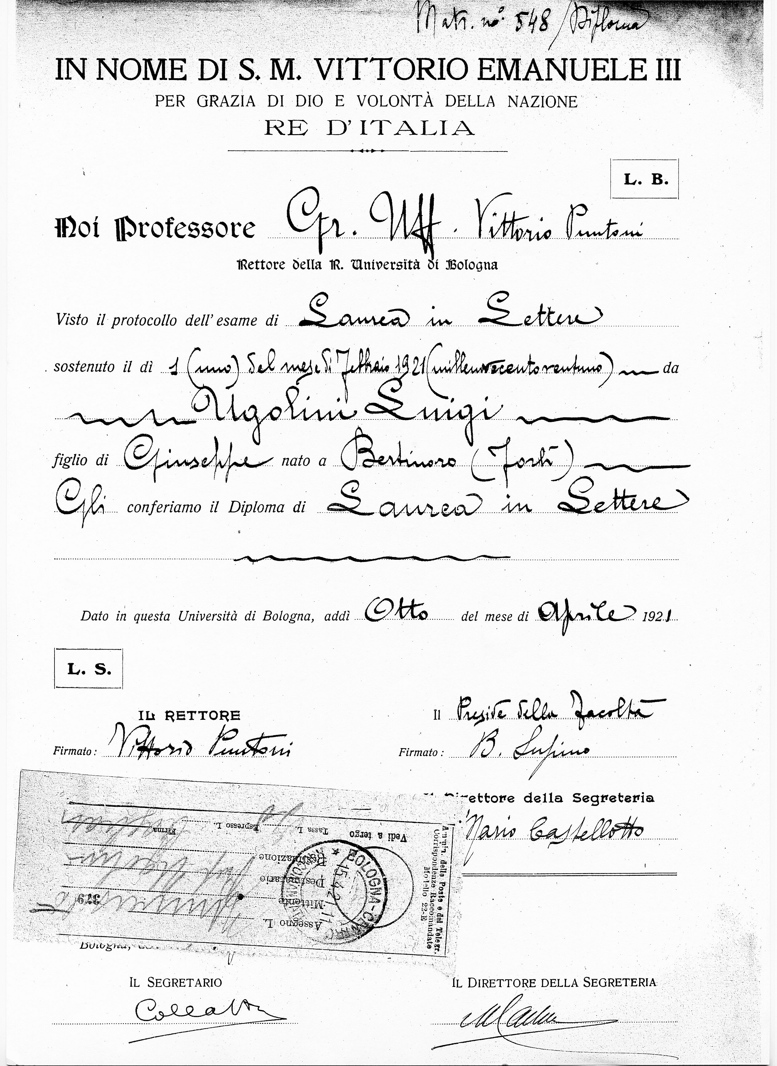 Certificato della Laurea in Lettere all'Università di Bologna di Luigi M. Ugolini