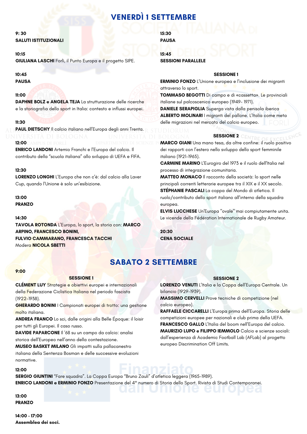 Programma dell'XI Convegno Nazionale della Società Italiana di Storia dello Sport: "L'Europa nella Storia dello Sport Italiano".