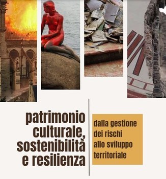 The flyer of the event with the title at the bottom and at the top various pictures of cultural heritage at risk: a cathedral burning, the statue of the little mermaid in Copenhagen covered in red paint (vandalized), books and manuscripts on the floor wet after a flood, a building partially destroyed by an earthquake