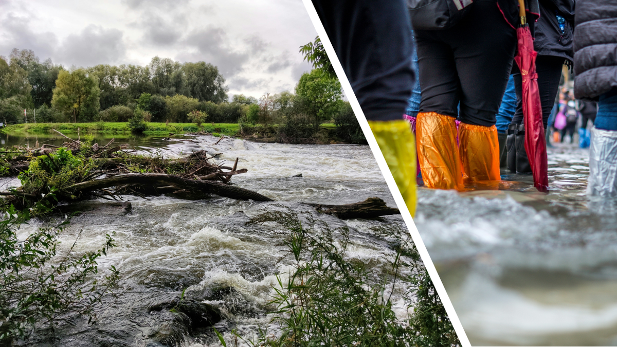 Collage of pictures: on the left the image of a flooding river overflowing the surrounding forest, on the right the image of people with rain boots and other equipment working in the high water.