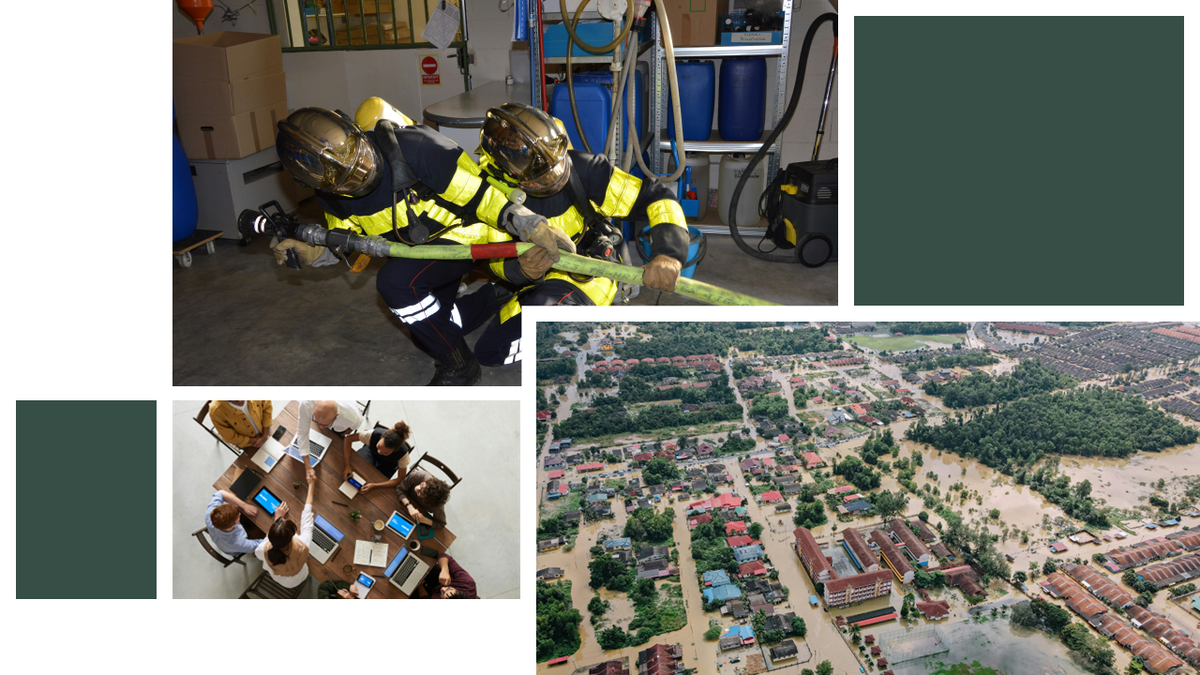 Collage of pictures: top left image of firefighters in action while carrying a hose with water; bottom left a group of people working around a table with tables, computers and other materials; bottom left an aerial image of a neighbourhood submerged by water due to flooding