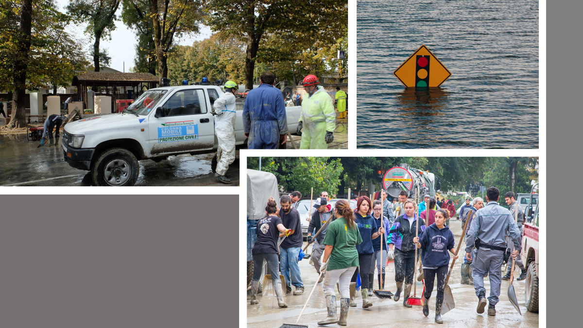 Collage of pictures: top right a Civil Defence pick-up truck with a series of operators around it equipped to intervene in the emergency situation; top right a traffic signal at the traffic lights, submerged by the flood water; bottom right a series of people (mostly young people) with rain boots and makeshift tools (shovels, brooms, etc.) ready to move the mud from the streets and houses after the flood, in the background a pressure washer.