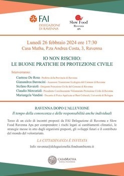 Poster of the meeting ‘I do not risk: good civil protection practices’, with information on the date, time and place of the event, the people who will speak and a brief abstract of what will be covered.