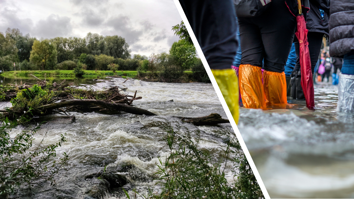 Collage di immagini: a sinistra l'immagine di un fiume in piena che straripa sul bosco circostante, a destra l'immagine di persone con stivali anti pioggia e altre attrezzature che lavorano nell'acqua alta.