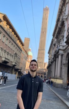 Adrien in front of the Two Towers, Bologna