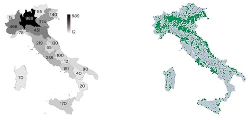 Location of 3,928 Italian companies mapped by the SuMM Lab and distribution among Italian regions