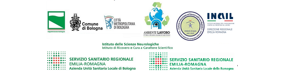 loghi degli enti patrocinanti: Regione ER, Comune di Bologna, Città Metropolitana Bologna, Ambiente lavoro, Inail, SSR ER, Istituto scienze neurologiche