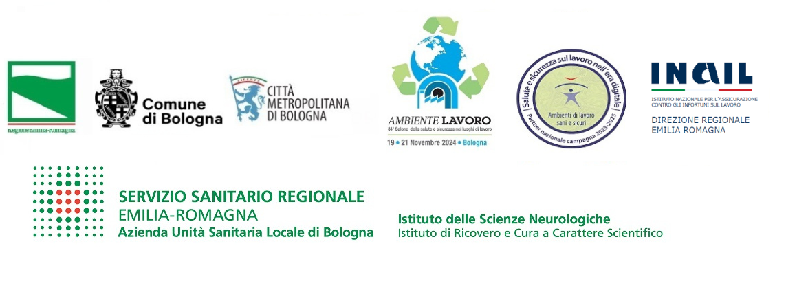 loghi degli enti patrocinanti: Regione ER, Comune di Bologna, Città Metropolitana Bologna, Ambiente lavoro, Inail, SSR ER, Istituto scienze neurologiche