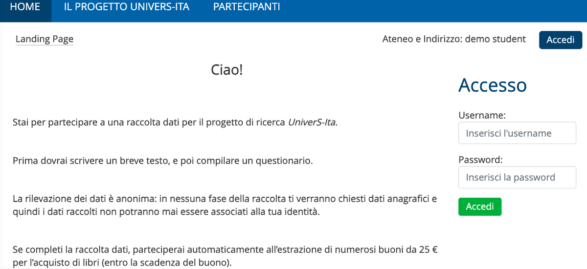 Schermata iniziale del sito web per la raccolta dati