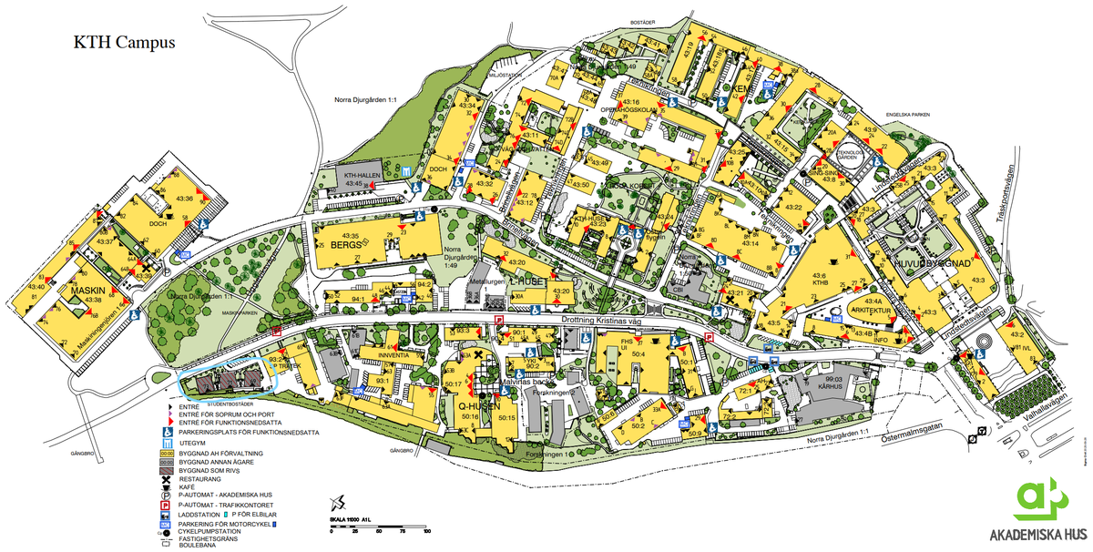 Map of the KTH Campus with cardinal points. The  case study area is demarcated by a light blue outline on the bottom-left of the map.